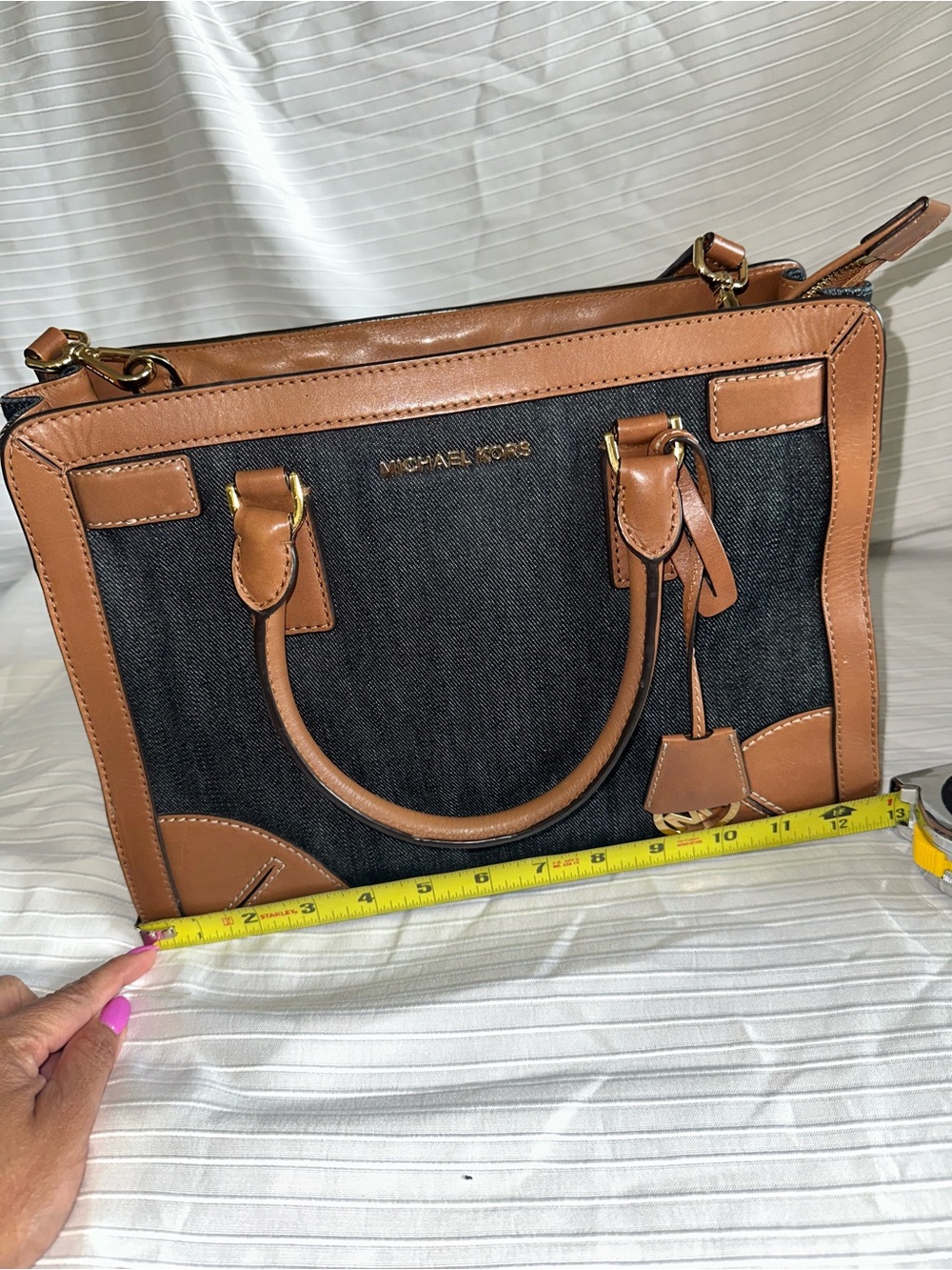 Michael Kors Black Denim Satchel with Brown Leather Trim